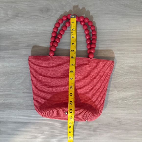 Talbots Tote Women Woven Coral Pink Beaded Handle Beach Bag Purse Summer Handbag - Picture 3 of 10